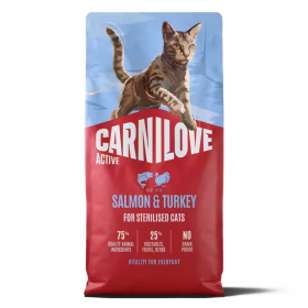 Супер премиум суха храна за кастрирани котки Carnilove ACTIVE Salmon & Turkey с 26% прясна сьомга и пуешко месо 400гр